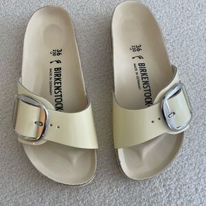 Birkenstock Madrid Big Buckle Slide in Creamy Pale Yellow